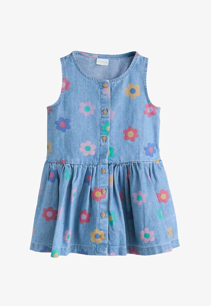 Zils džinsa bezpiedurkņu kleitiņa mazulim ar koka pogām priekšpusē un daudzkrāsainu lielu ziedu rakstu rozā, dzeltenā, zaļā, sarkanā un violetā krāsā.