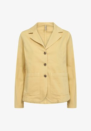 Helle gelbe Baumwollblazer mit Reverskragen, drei Knöpfen, zwei frontalen Taschen und einer glatten Textur. Lässiges Design, figurschnittige Passform.