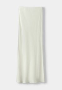 Dlouhá sukňa strihu rovného, krémové barvy, vyrobená z hladké látky, umístěná na jednoduchém bílém pozadí.