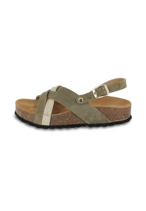 Suede sandal in olive green with crisscross straps, adjustable buckle, cork midsole, and textured black rubber outsole.