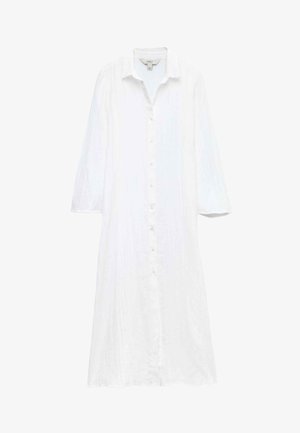 Witte lange mouw blousejurk met knopen, kraag, midi-lengte en subtiele textuur, weergegeven op een effen witte achtergrond.