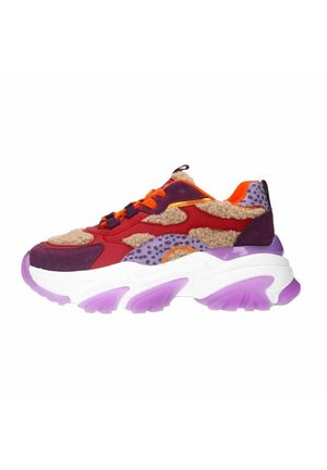 Chunky sneaker with multicolored panels: red, purple, and orange. Features a textured upper, fluffy detailing, and a bold, purple-tinted sole.