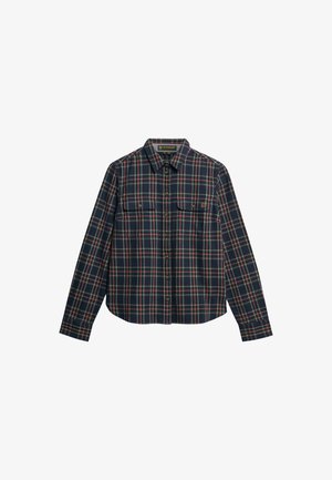 Chemise à carreaux marine avec rayures vertes, rouges et jaunes, deux poches poitrine avant, fermeture à boutons et col structuré.