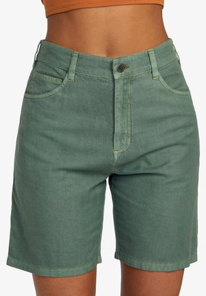 Green denim shorts with a high waist, featuring two front pockets, belt loops, and a zip fly with a button closure. Smooth texture.