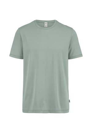 Schlichtes, hellgrünes T-Shirt mit kurzen Ärmeln und Rundhalsausschnitt, mit einem kleinen Etikett an der linken Seitennaht.