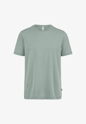 Schlichtes, hellgrünes T-Shirt mit kurzen Ärmeln und Rundhalsausschnitt, mit einem kleinen Etikett an der linken Seitennaht.