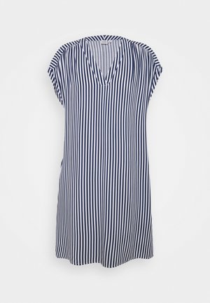 Navy blue and white vertical striped short-sleeve dress with a V-neck and loose fit.