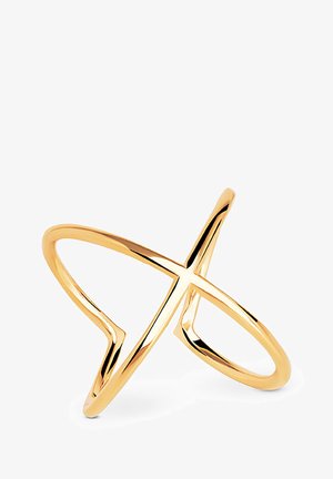 Goldfarbener Ring mit einem offenen, sich kreuzenden Design. Die glatte, glänzende Oberfläche und die minimalistische Struktur betonen die moderne Ästhetik.