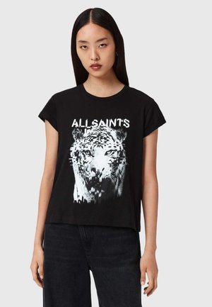 Melnas kokvilnas t-krekls ar tīģera grafiku ar traucējuma efektu un tekstu "ALLSAINTS" virsū, īsām piedurknēm un brīvu piegriezumu.