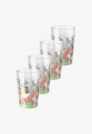 Set van vier doorzichtige plastic bekers met kleurrijke cartoonontwerpen van een meisje en een bruine paard op een groene grasbasis.