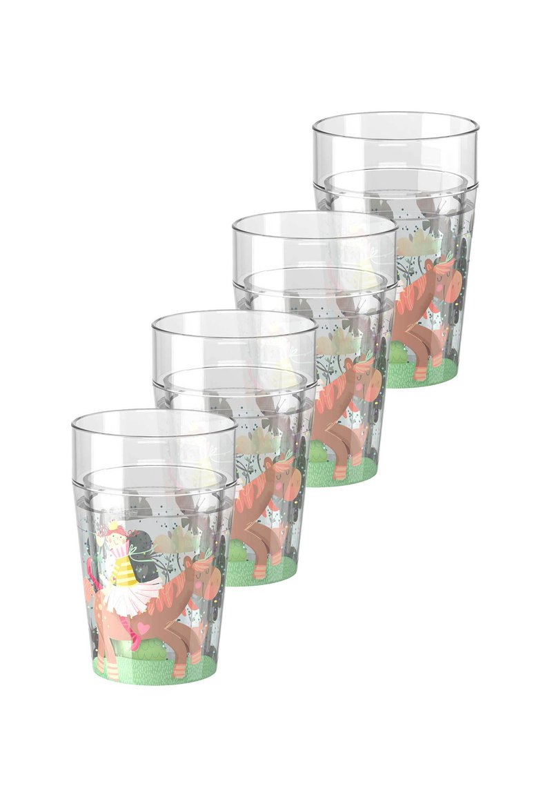 Set van vier doorzichtige plastic bekers met kleurrijke cartoonontwerpen van een meisje en een bruine paard op een groene grasbasis.
