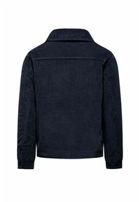 Giacca in corduroy blu marina con maniche lunghe, colletto e polsini con bottoni. Tessuto texturizzato con motivo a coste, senza hardware o dettagli visibili.