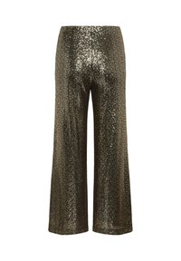 Pantalons larges en sequins dorés métalliques, présentant une surface brillante et une coupe décontractée. Pas de poches ou de fermetures visibles.