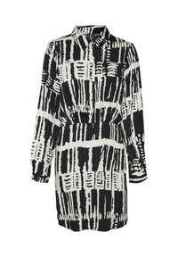 Robe à motif noir et blanc avec des manches longues, un col à boutons, une taille élastique et des poches latérales. Le tissu a une texture lisse.