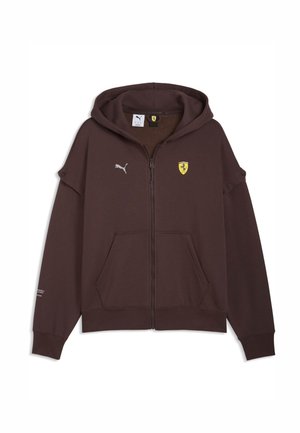 Tummanruskea vetoketjullinen huppari etutaskuilla, Puma-logo vasemmassa rinnassa, Ferrari-kilpilogo oikeassa rinnassa ja kiinnitetty huppu.