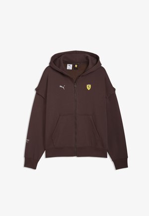 Ciemnobrązowa bluza z kapturem na zamek, z przednimi kieszeniami, logo Puma na lewej piersi, tarcza Ferrari na prawej piersi oraz przymocowany kaptur.