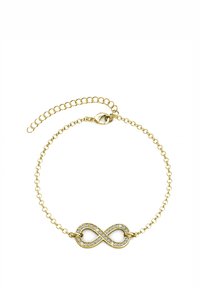 Bracciale in oro con simbolo dell'infinito adornato di strass trasparenti, con chiusura a moschettone e catena regolabile in lunghezza.