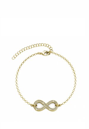 Bracciale in oro con simbolo dell'infinito adornato di strass trasparenti, con chiusura a moschettone e catena regolabile in lunghezza.