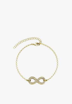 Gouden kettingarmband met een oneindigheidssymbool versierd met heldere rhinestones, met een karaasklem sluiting en een lengte- verstelbare ketting.