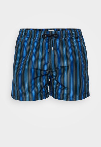 Men's swim shorts in multi-colored blue and black stripes. Features an elastic waistband with drawstring and two side pockets.
