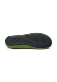 Black rubber sole with textured surface; green felt upper with a rounded shape; cushioning feature visible along the edge.