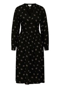 Robe noire à manches longues, design enveloppant et décolleté en V. Présente un motif de carrés blancs et dorés. Tissu doux et fluide.