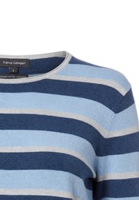 Blau und grau gestreifter Strickpullover mit rundem Ausschnitt, zeigt das Markenlabel "Franco Callegari" und ein kleines Größenetikett.