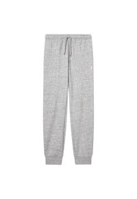 Pantalones de chándal grises con cintura elástica, cordón ajustable y tobillos ajustados. Presenta un pequeño logo en la pierna izquierda. Textura de tela suave.