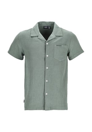 Kortærmet, knap-op skjorte i blødt grønt stof med en tekstureret overflade, der har en brystlomme og en notch-krave.