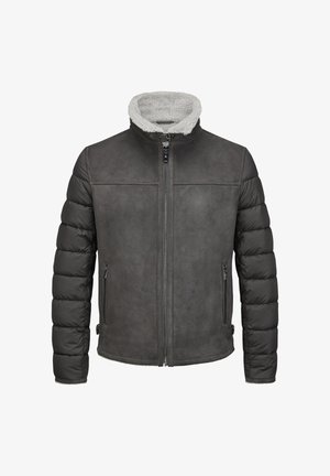 Graue Lederjacke mit voluminösen schwarzen Ärmeln, einem Frontreißverschluss und einem grauen Pelzkragen. Verfügt über zwei seitliche Taschen und eine glatte Textur.