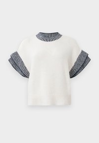 Gestrickter Pullover in Creme mit gestreiften marineblauen Akzenten am gerippten Halsauschnitt und kurzen, weiten Ärmeln. Weiche Textur und lockere Passform.