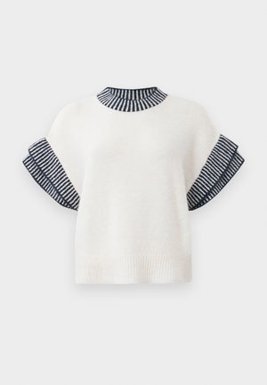 Pull en laine beige avec des accents rayés bleu marine au col en côtes et des manches courtes et larges. Texture douce et coupe décontractée.