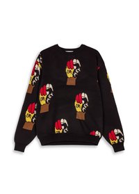 Zwart gebreide trui met een patroon van kleurrijke handen met rode vingers en gele accenten, die zich herhalen over de stof.