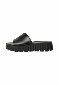 Black slide sandal with a smooth leather upper, featuring a wide band and a textured, ridged rubber sole for added grip and support.