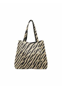 Grand sac cabas en matériau synthétique beige lisse avec un motif de rayures zébrées noires. Double poignée supérieure et design ouvert.