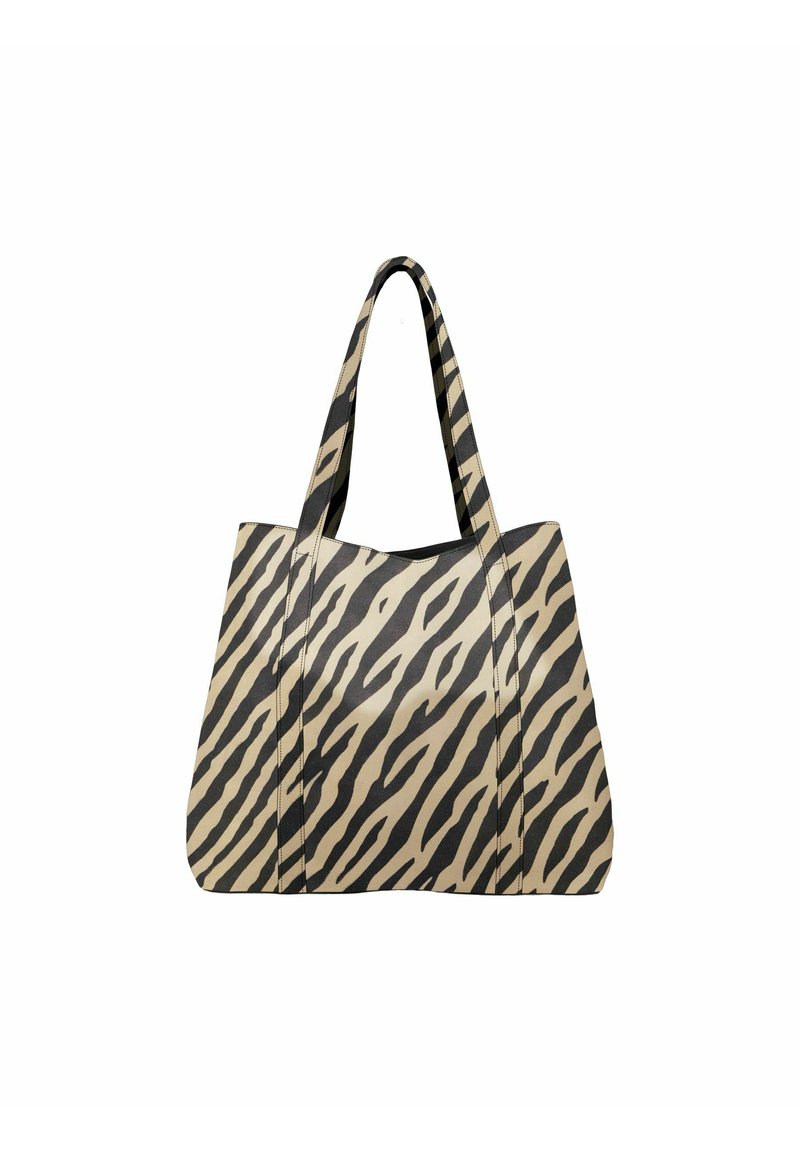 Grand sac cabas en matériau synthétique beige lisse avec un motif de rayures zébrées noires. Double poignée supérieure et design ouvert.