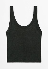 Czarny top na ramiączkach wykonany z miękkiego dzianinowego materiału. Posiada szerokie rami�ączka i wycięcie w kształcie litery U. Dół jest prosty, z lekko teksturowanym wykończeniem.