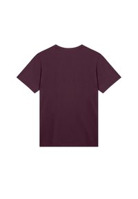 Plain short-sleeve crew neck t-shirt in dark burgundy, shown from the back on a white background.