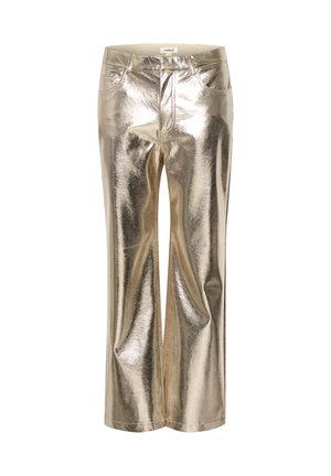 Pantaloni metalici aurii cu un finisaj lucios. Design cu picioare drepte, având buzunare frontale și un tiv ajustat. Textură netedă pe toată suprafața.