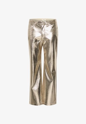 Metallic gold trousers with a glossy finish. Straight-leg design featuring front pockets and a fitted waistband. Smooth texture throughout.