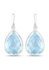 Oorhangers met zilverkleurige afwerking, voorzien van lichtblauwe, peer-vormige geslepen edelstenen, geplaatst in een fijn draadframe met een gepolijste afwerking.