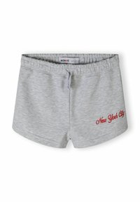 Lichtgrijze katoenen shorts met een elastische tailleband, voorzien van rode geborduurde tekst "New York City" aan de linkerkant.