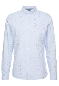 Lichtblauw button-up shirt van katoen, voorzien van kleine blauwe geometrische patronen, een klassieke kraag en een enkele borstzak.