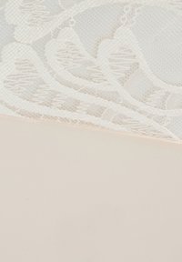 Witte kant met bloemmotief aan de bovenkant, overgaand in glad nude stof eronder. Fijne details met delicate draden en een zachte textuur.