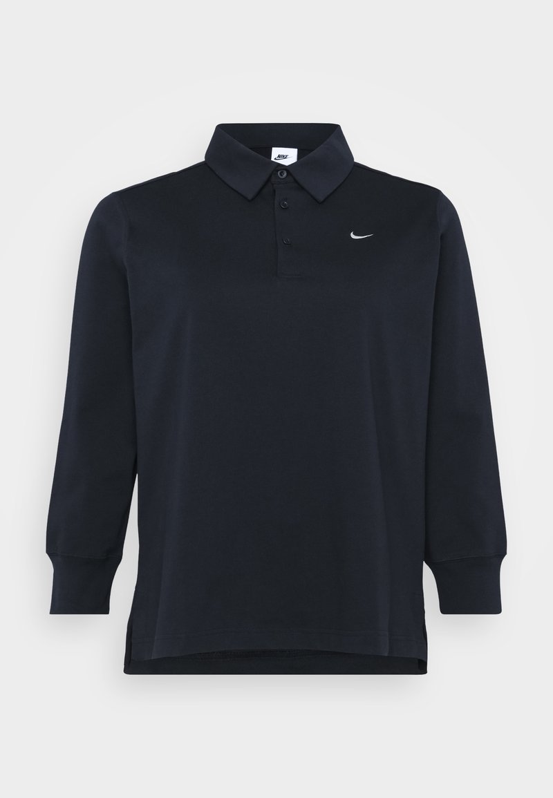 Polo shirt à manches longues bleu marine en coton, doté d'un col, d'une patte de boutonnage à trois boutons et d'un petit logo blanc sur la poitrine.
