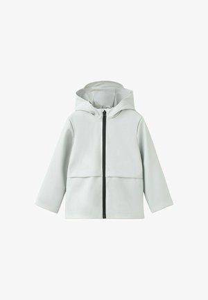 Giacca grigia chiaro con cappuccio, maniche lunghe e zip frontale nera, progettata per la resistenza all'acqua o per una leggera protezione dalle intemperie.
