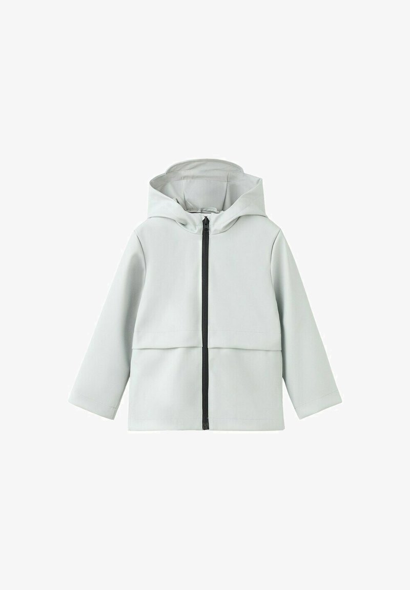 Giacca grigia chiaro con cappuccio, maniche lunghe e zip frontale nera, progettata per la resistenza all'acqua o per una leggera protezione dalle intemperie.