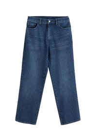 Donkerblauwe denim jeans met een rechte pasvorm, vijf zakken en een knopenclosure. De stof heeft een gladde textuur met subtiele vervaging.
