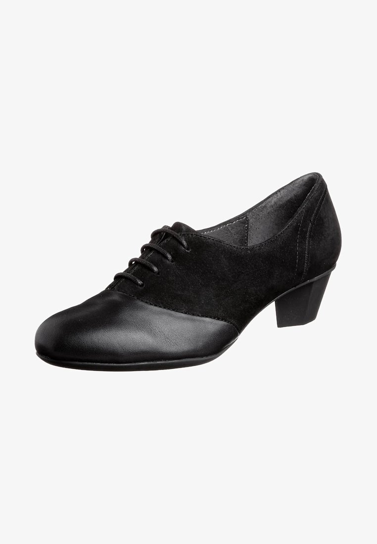 Chaussure habillée à talon bas pour femme noire, à lacets sur le devant, bout en cuir lisse et dessus en daim doux.