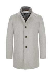 Grau melierter Wollmischmantel mit klassischem Kragen, dreiknöpfiger Front und subtiler Textur. Verfügt über ein weiches Innenfutter für zusätzliche Wärme.
